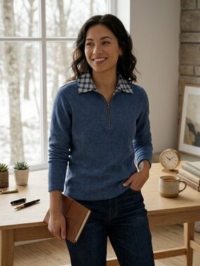 REBECCA MALONE PETITE LAYERED SWEATSHIRT LONG SLV 1/4 ZIP NECK BLUE SWEATER PL